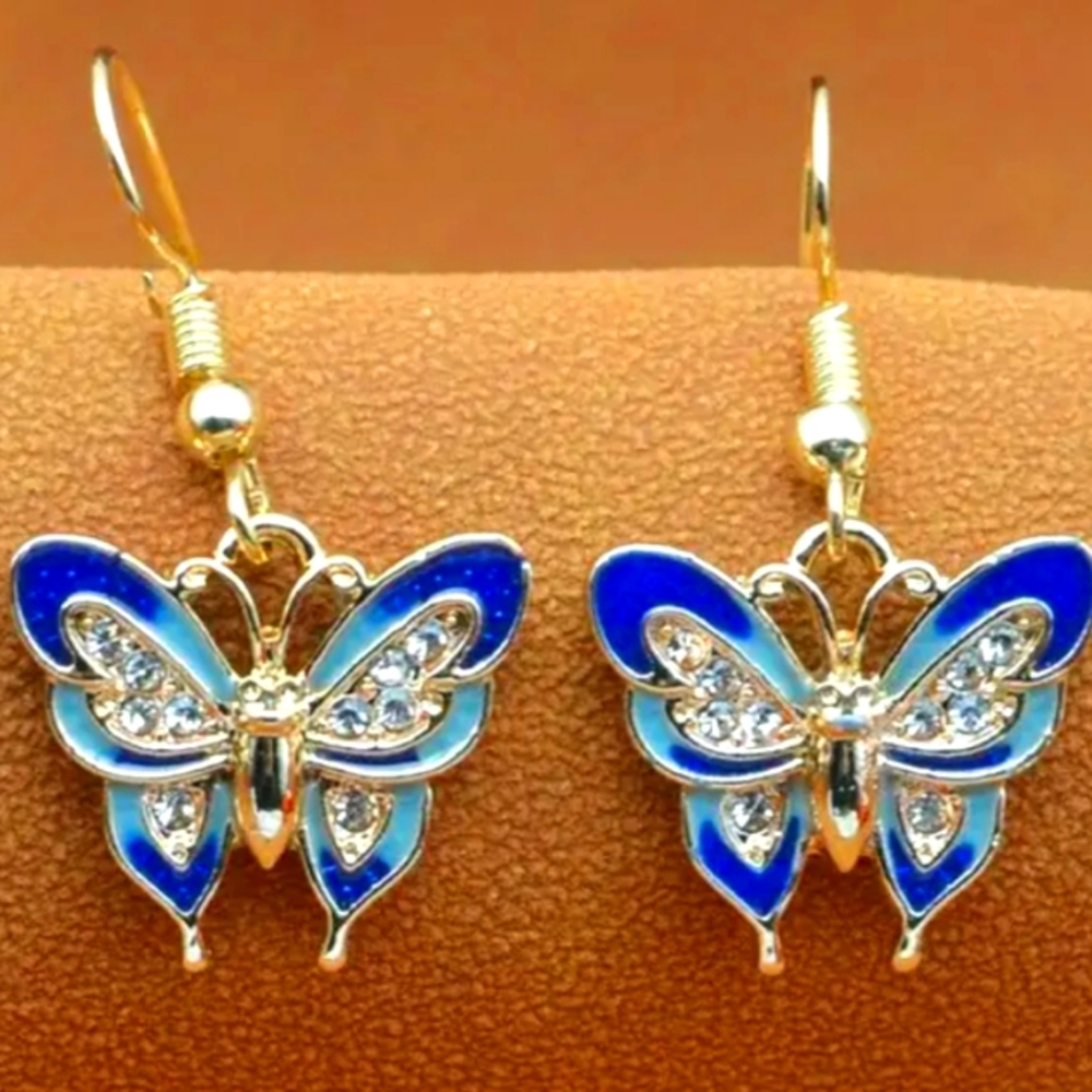 BUTTERFLY ENAMEL/WHITE TOPAZ DANGLE EARRINGS ONE AND A HALF INCH